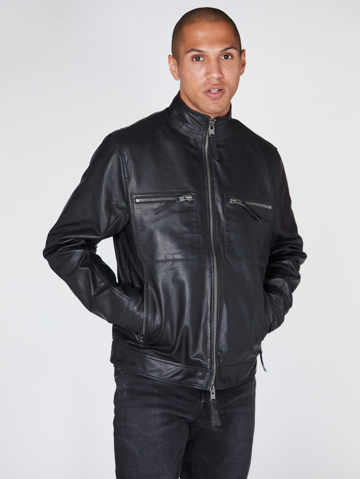 High Neck Leather Worker Jacket