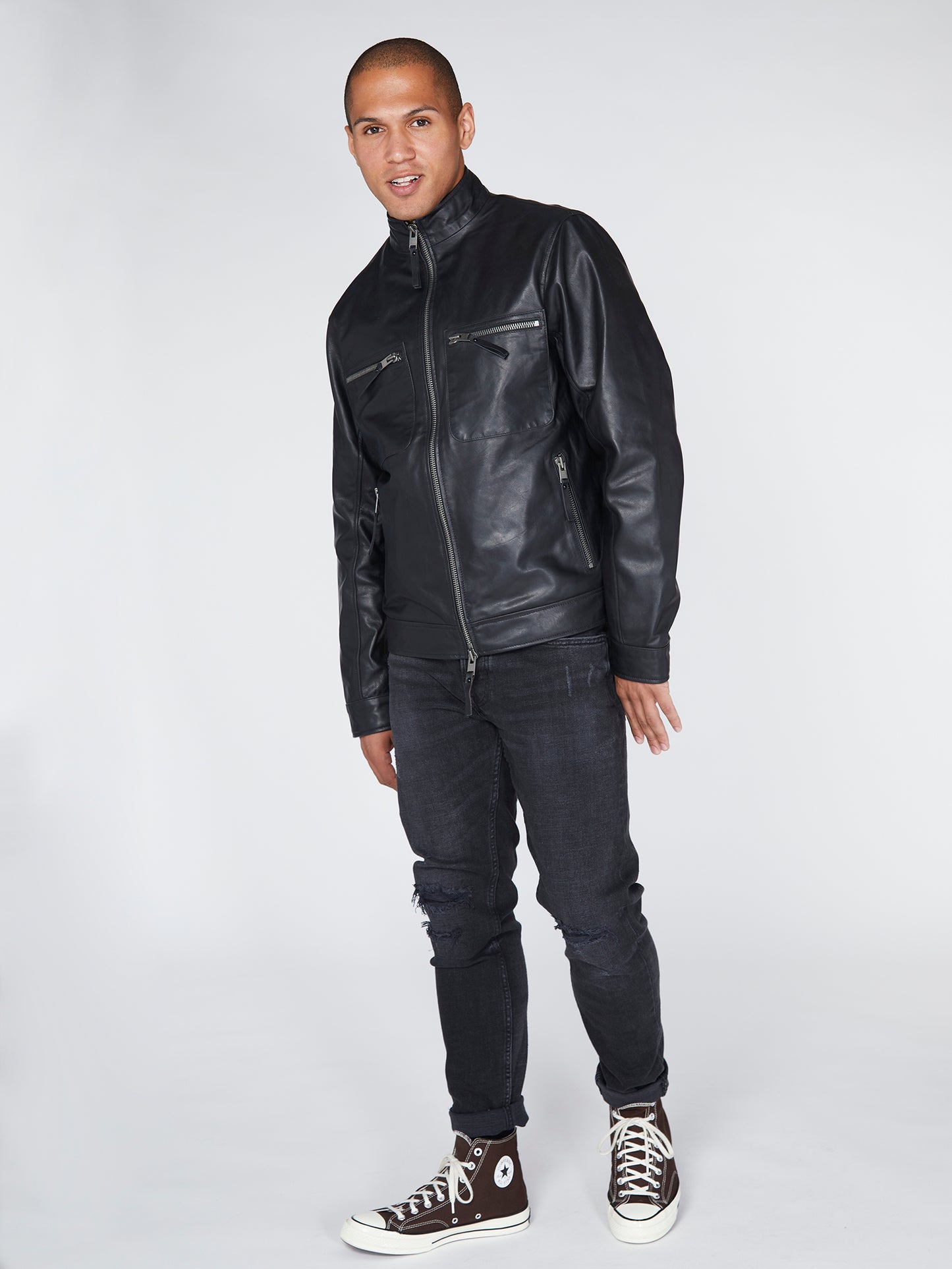 High Neck Leather Worker Jacket