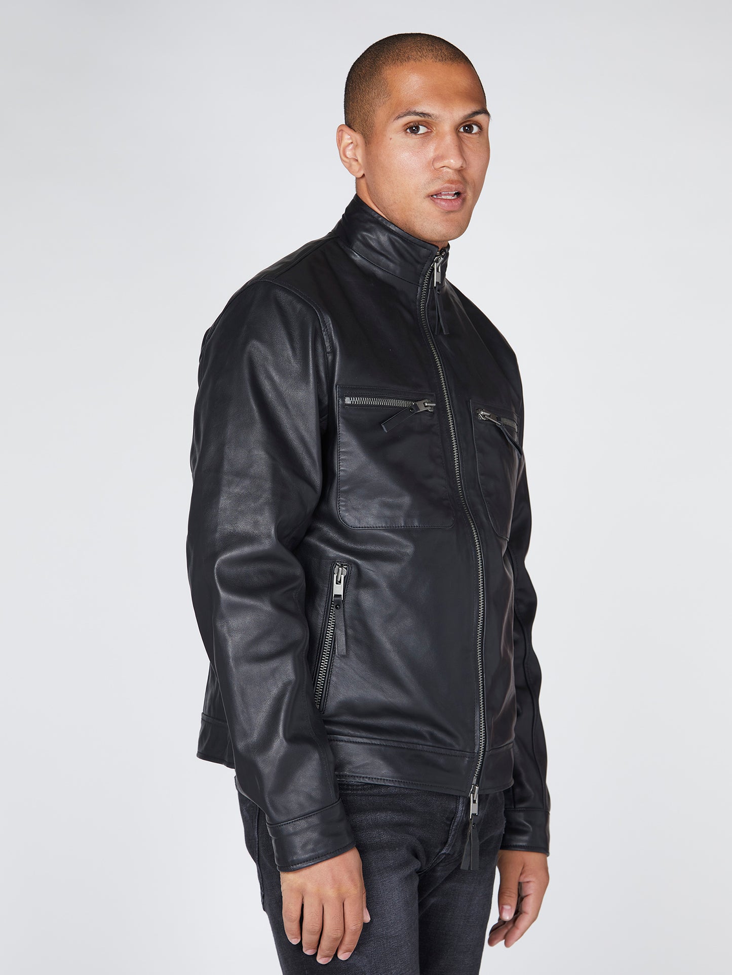 High Neck Leather Worker Jacket