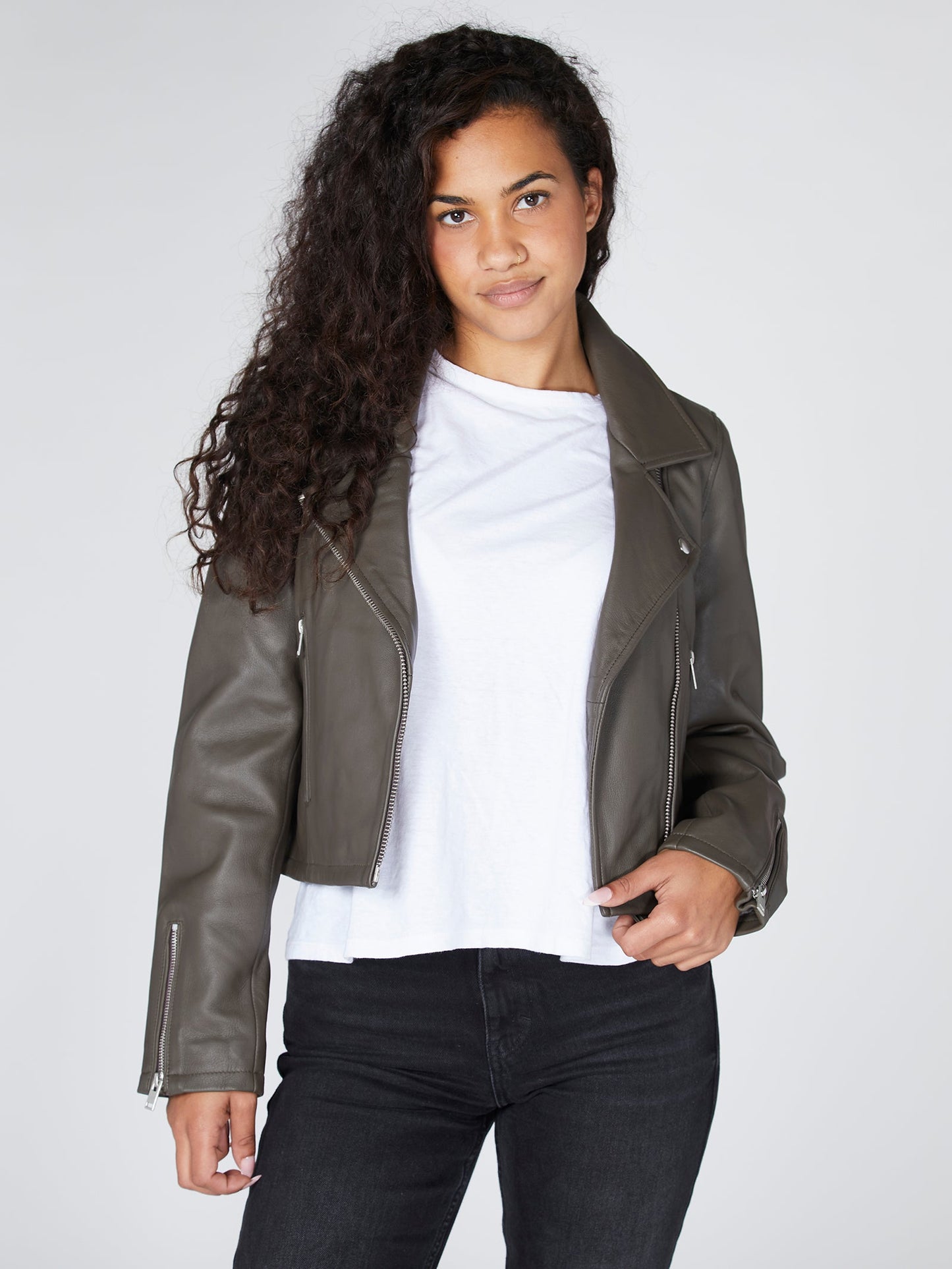 Classic Leather Biker Jacket in Charcoal