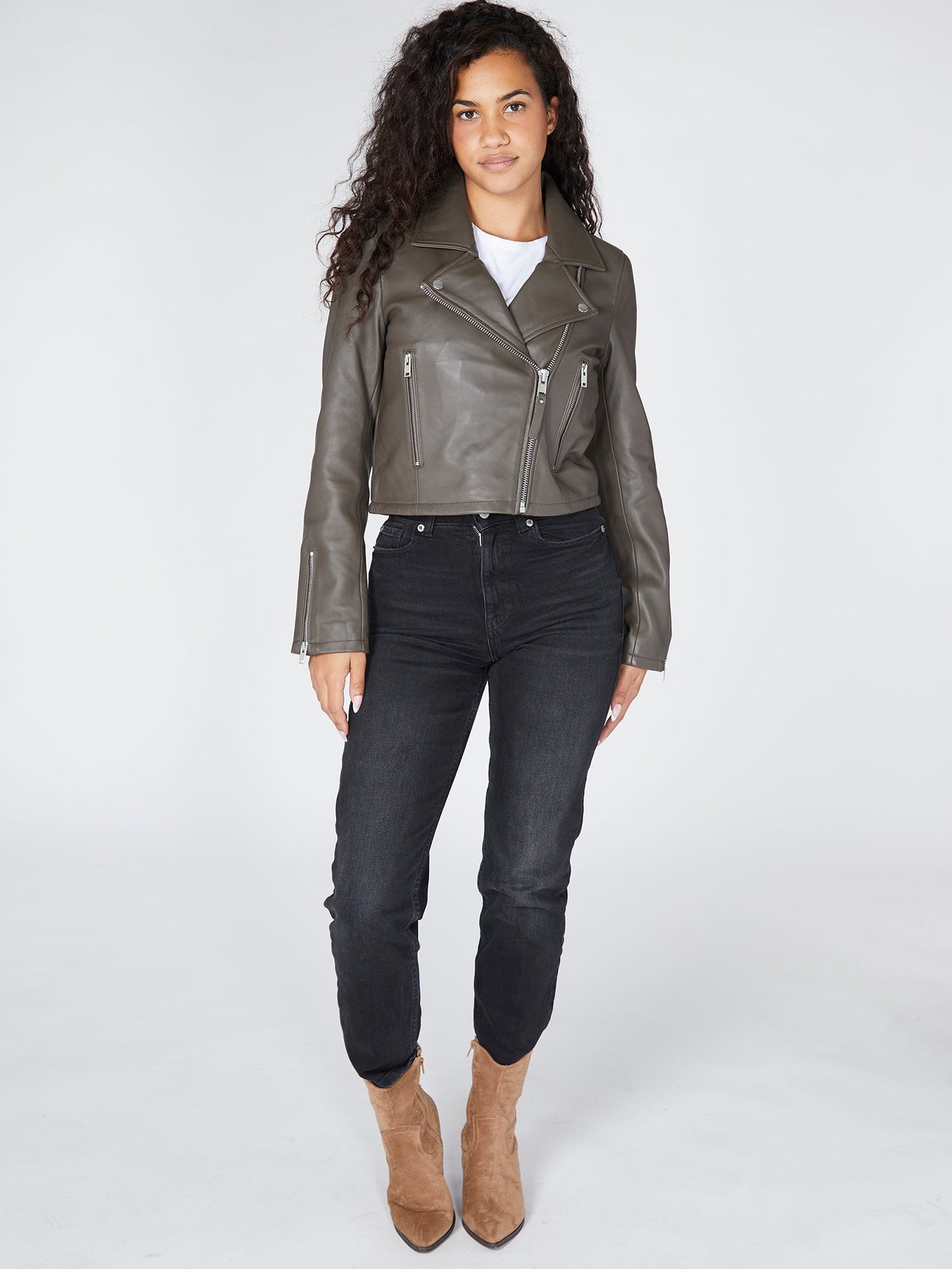 Classic Leather Biker Jacket in Charcoal