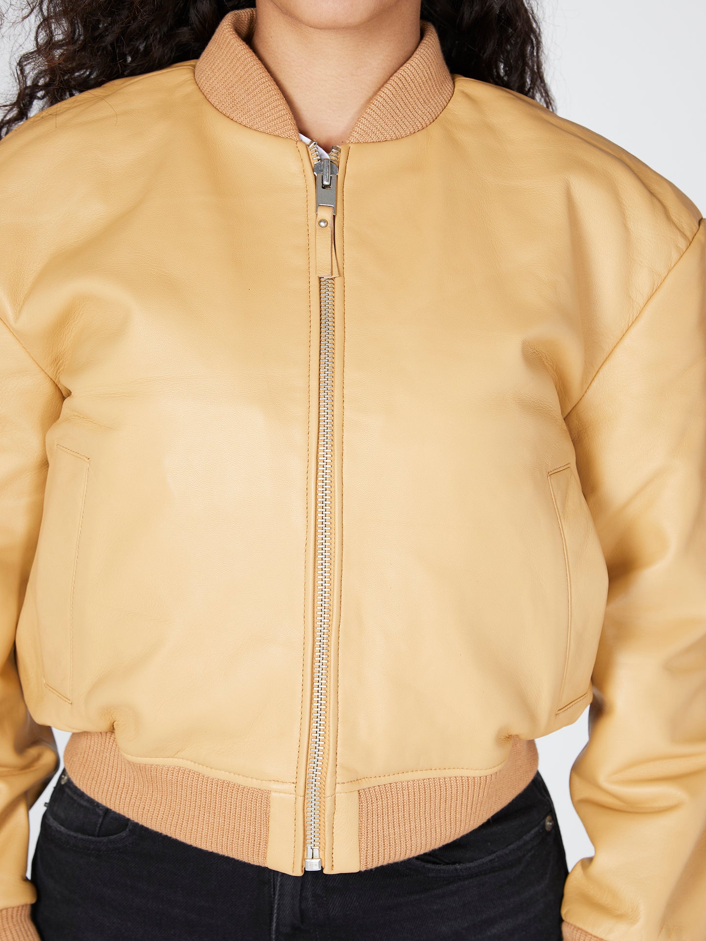 Mustard Leather Bomber Jacket