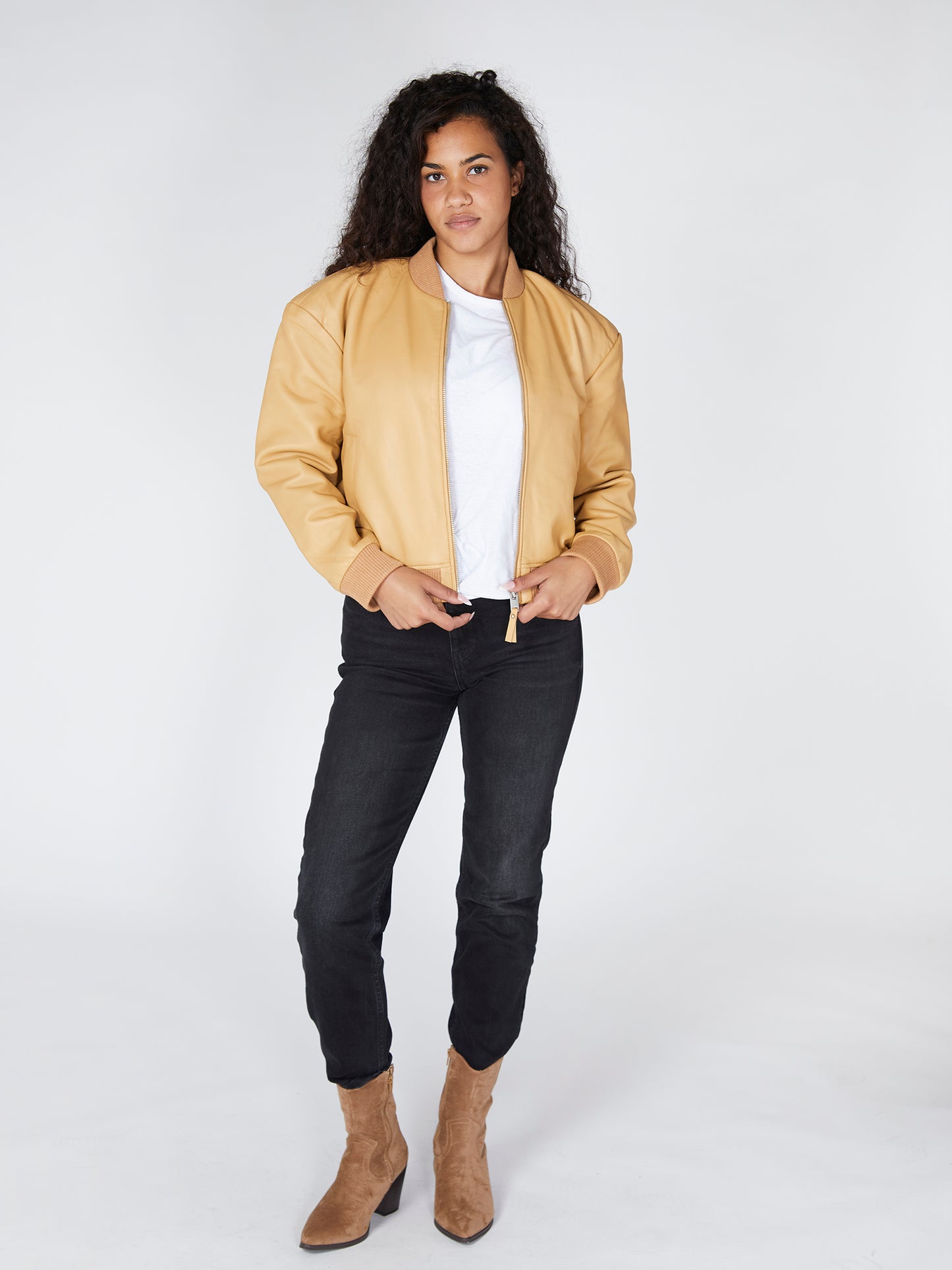 Mustard Leather Bomber Jacket