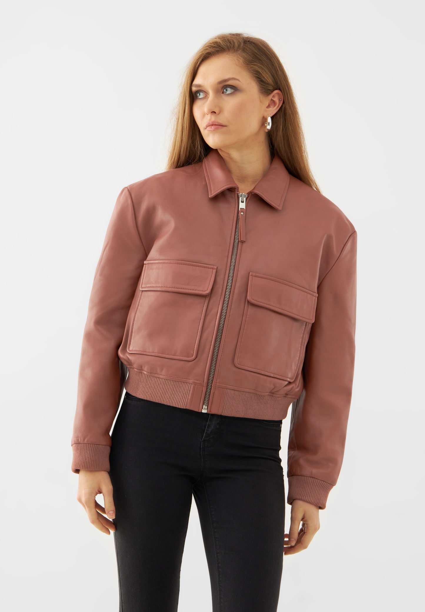 Leather Cropped Bomber Jacket