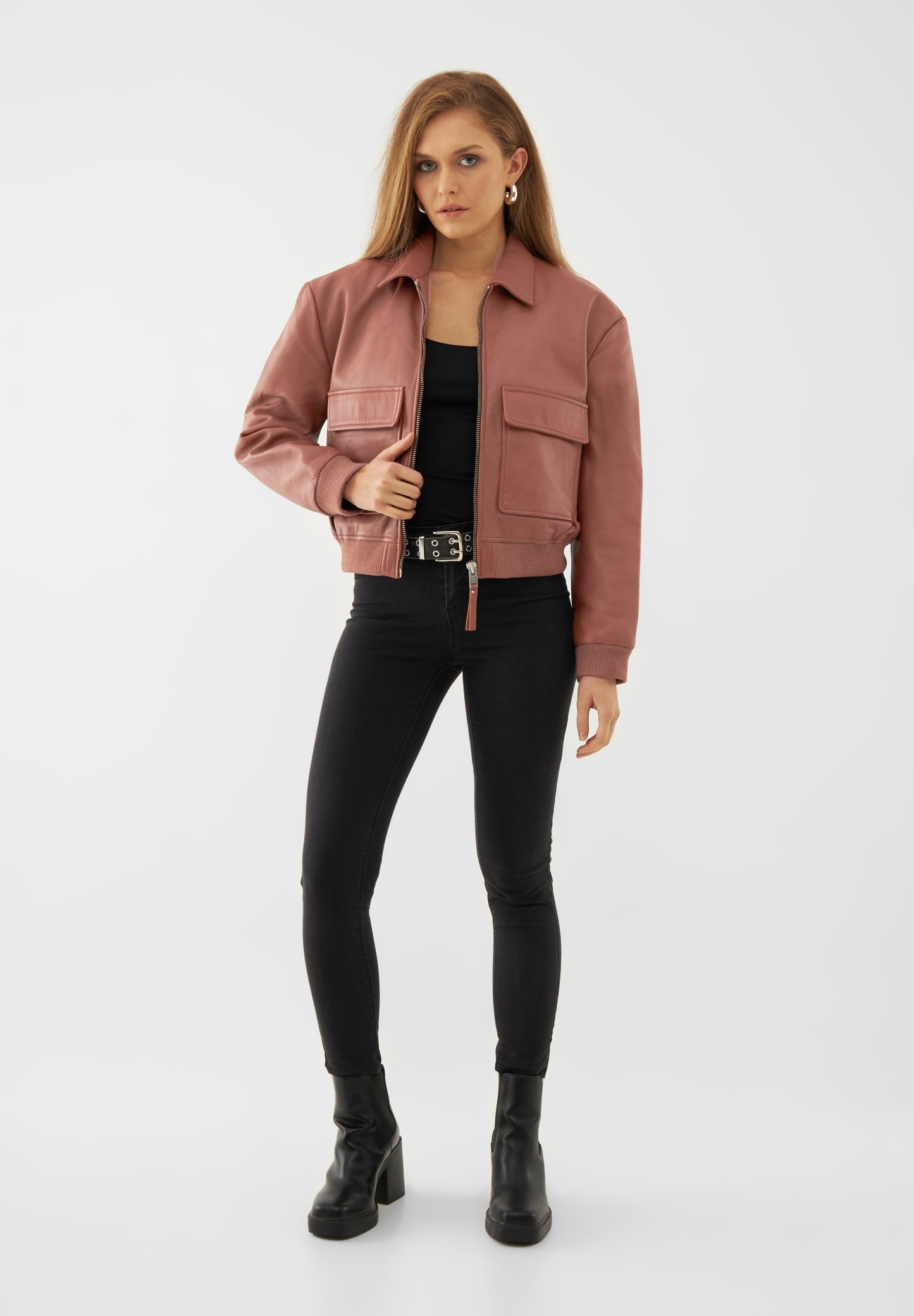 Leather Cropped Bomber Jacket